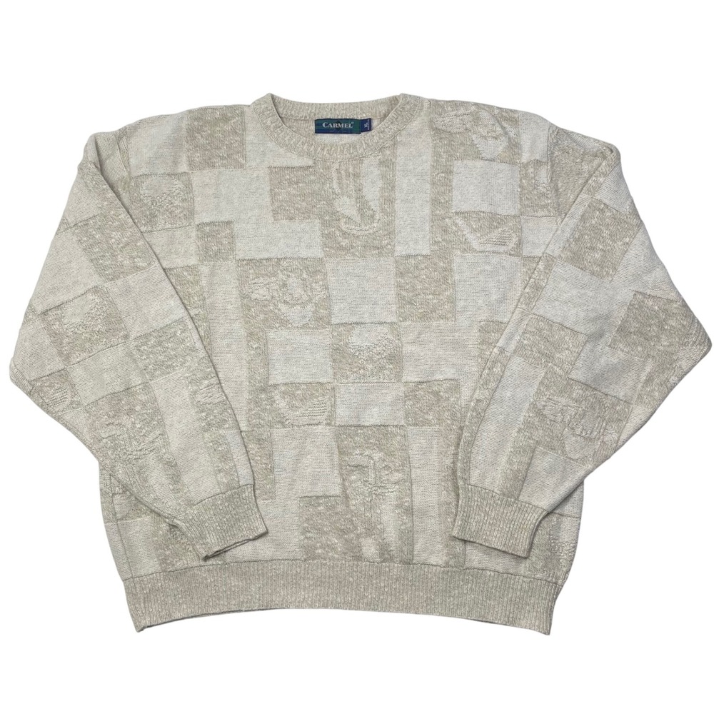 Vintage‎ 3D Knit Men's Sweater Golf Theme Cream XL Made in USA by Carmel Grandpa